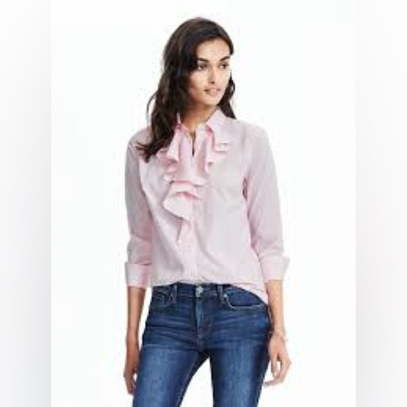 Banana Republic Tops - Banana Republic Pink Stripe Riley Button Up Ruffle Shirt